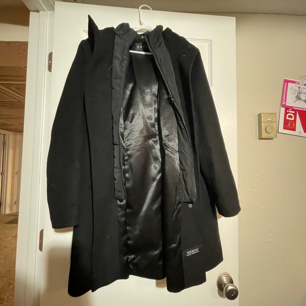 Nuage Double-Lined Black Hooded Wool Coat, Size Large